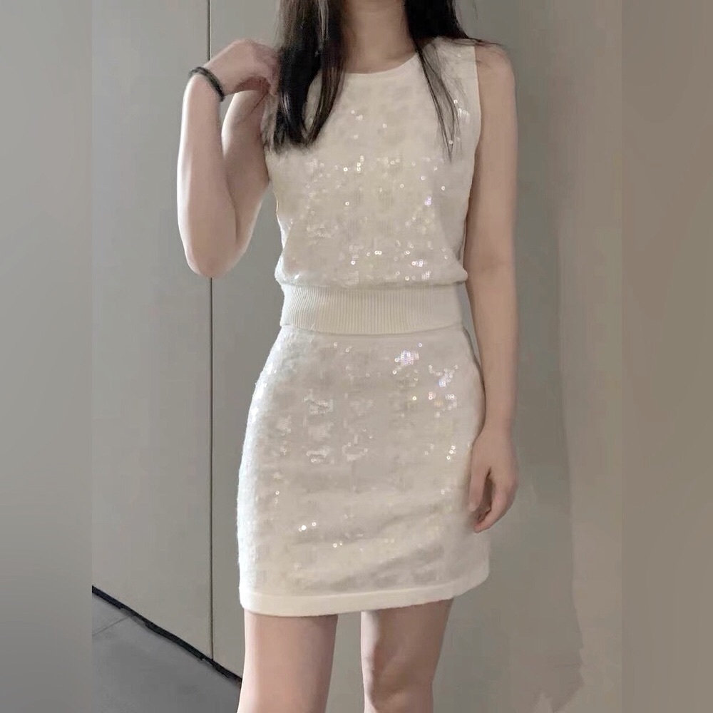 Designer Cream Sequin Wool-Cashmere Knit Set (Top & Skirt)